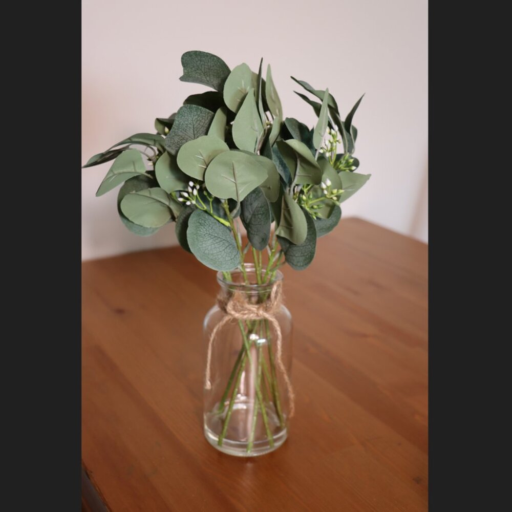 Artificial Eucalyptus in Glass Vase with White Buds Rustic Farmhouse Decor